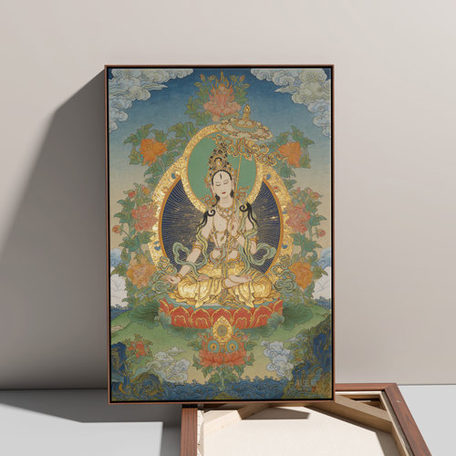 大白伞盖佛母纯棉油画布唐卡描金