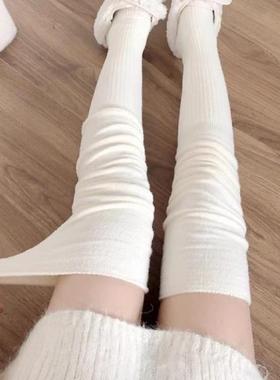秋冬加厚加绒米白色大腿袜保暖毛绒过膝袜拼接灰色高筒袜子