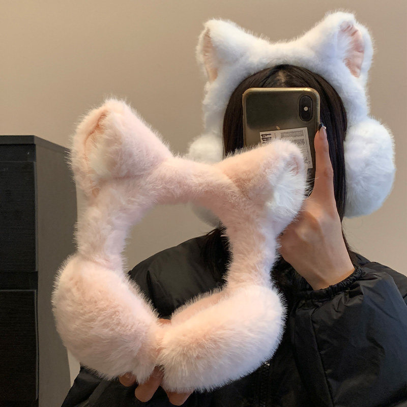 软乎乎超厚实~可爱猫咪耳朵毛绒耳罩女冬季骑行防风保暖耳套耳包