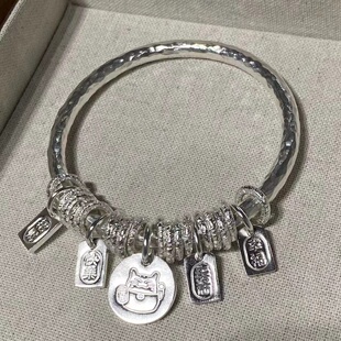 手工原创999纯银盘缠手镯 锤纹素圈实心新中式手环吉言足银手镯