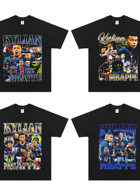 姆巴佩印花短袖Mbappe tee复古水洗做旧男上衣打底衫美式纯棉T恤