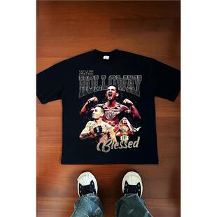 天佑 霍洛威 Max Holloway 美式小领口做旧UFC街头格斗长短袖tT恤