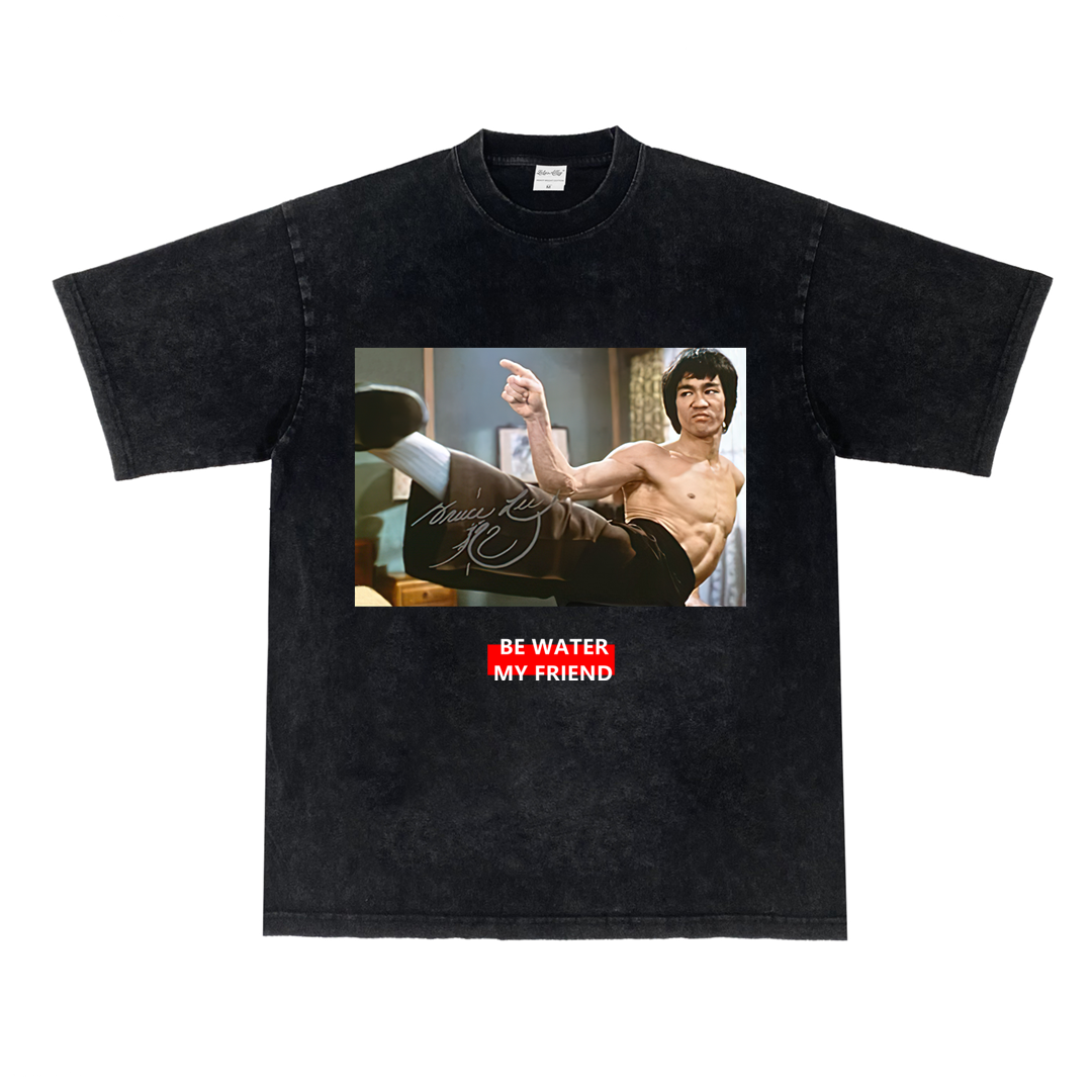 李小龙 BE WATER 美式小领口重磅纯棉做旧VTG纯棉长袖短袖街头T恤