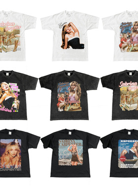 Sabrina Carpenter联名短袖 美式重磅小领口纯棉T恤复古水洗做旧