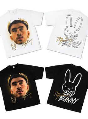 BadBunny坏痞兔 嘻哈街头美式复古重磅纯棉短袖T恤 水洗连帽卫衣