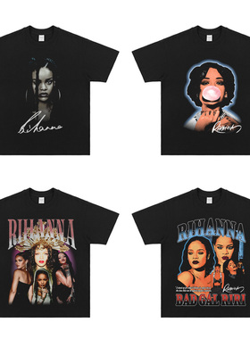 蕾哈娜RIHANNA VINTAGE RAP嘻哈说唱街头水洗直喷透气印花短袖T恤