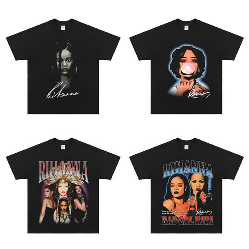 蕾哈娜RIHANNA VINTAGE RAP嘻哈说唱街头水洗直喷透气印花短袖T恤