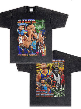 Curry库里透气数码印花篮球休闲短袖 美式小领口复古重磅纯棉t恤