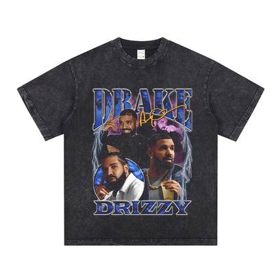 Drake公鸭德雷克美式嘻哈宽松小领口重磅水洗短袖T恤休闲连帽卫衣