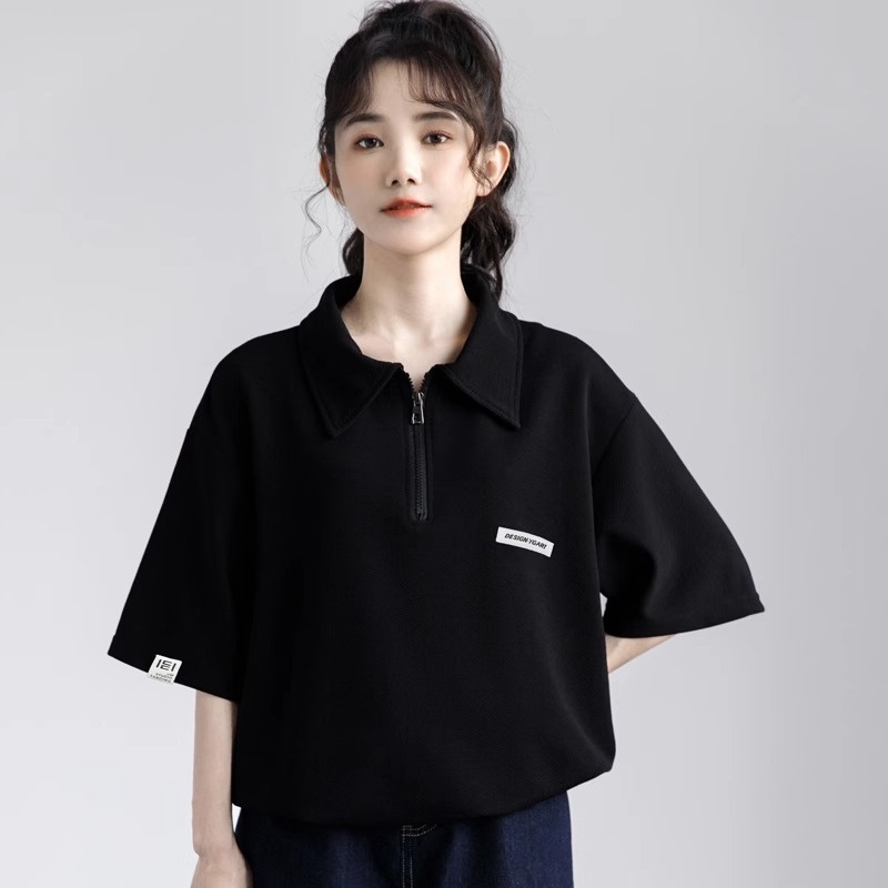 港风复古半拉链Polo衫短袖T恤女夏季新大码胖mm显瘦遮肉半袖上衣