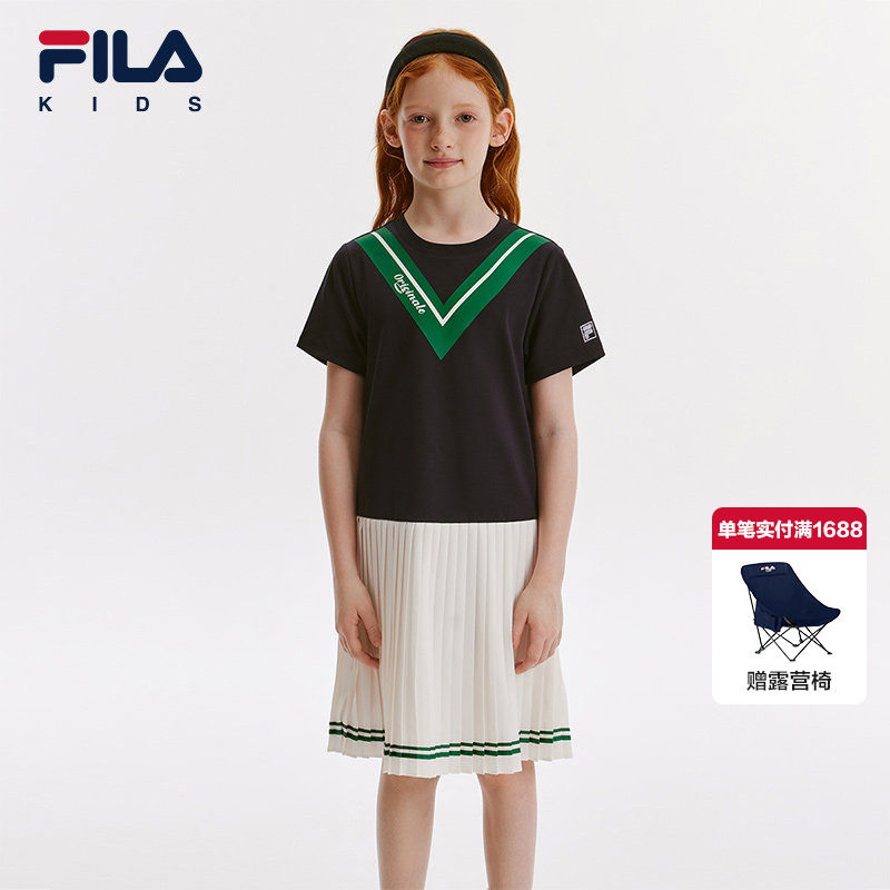 FILA斐乐童装儿童运动裙子夏季新款女中大童针织短袖连衣裙学院风
