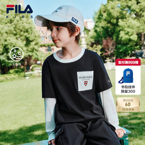 FILA X HARVARD哈佛联名儿童长袖T恤男童2025秋季新款中大童上衣