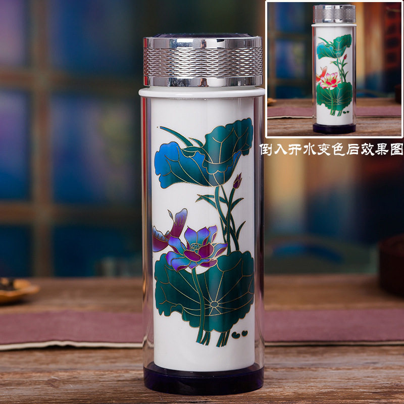 景德镇陶瓷保温杯变色双层水晶杯带盖送礼男女办公水杯青花瓷厂家