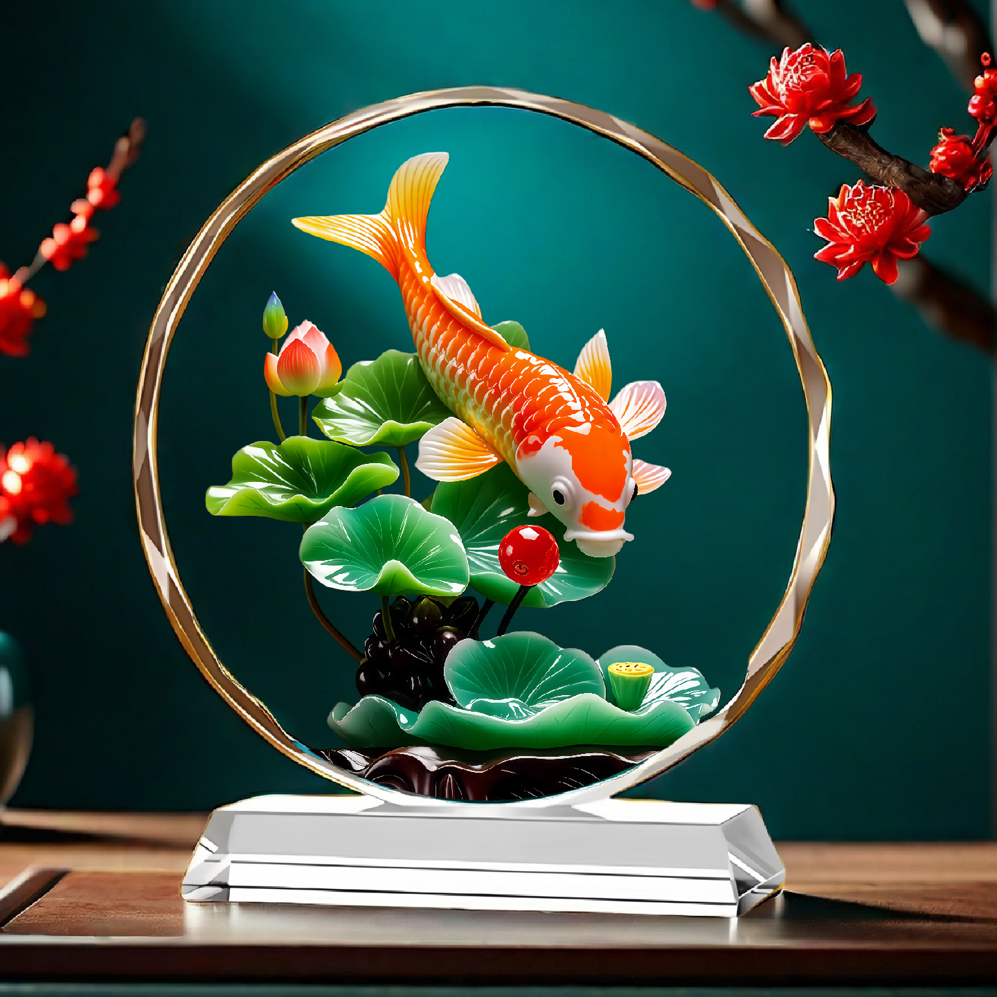 锦鲤荷花桌面摆台画中式风水摆件客厅装饰品工艺品客厅摆台装饰画