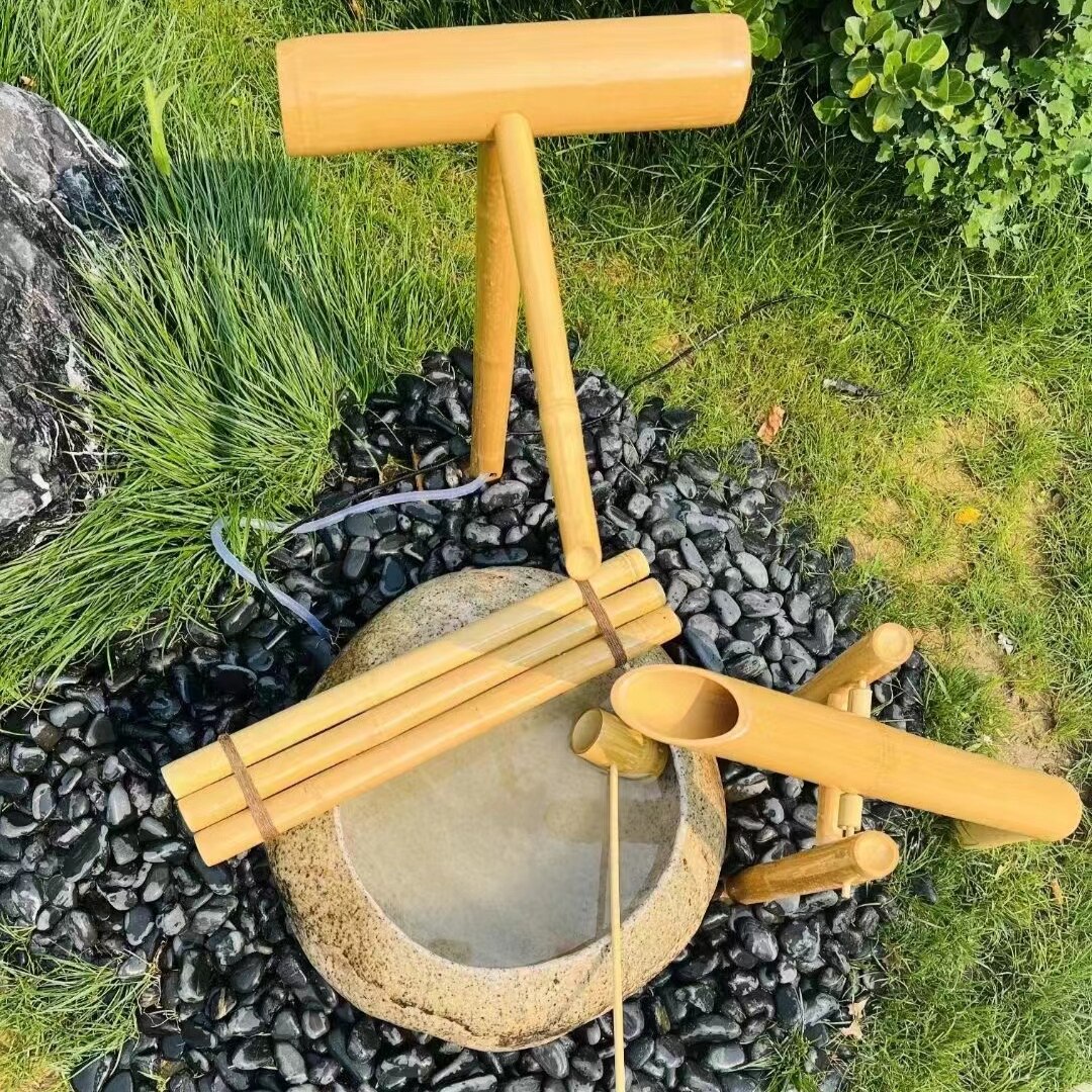 日式鹅卵石竹招财循环水摆件