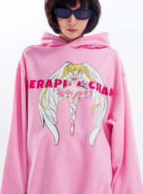 olioni守护甜心歌呗粉色套头连帽卫上衣宽松宽松二次元加绒秋冬季