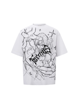 olioni漫画印花二次元Femalesoldier印花男女短袖宽松t恤圆领重磅