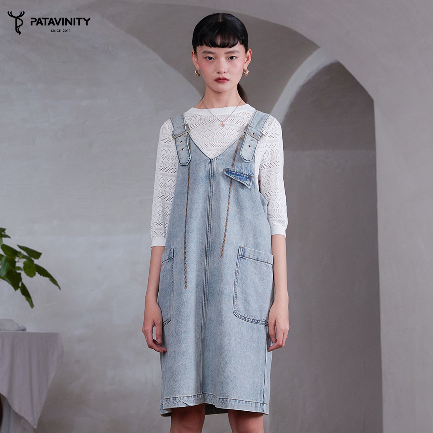 PATAVINITY秋设计师大口袋牛仔背带裙女装8F2396001
