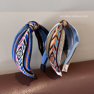 韩国进口牛仔蓝色复古民族风宽边打结发箍法式高颅顶压发卡头箍女