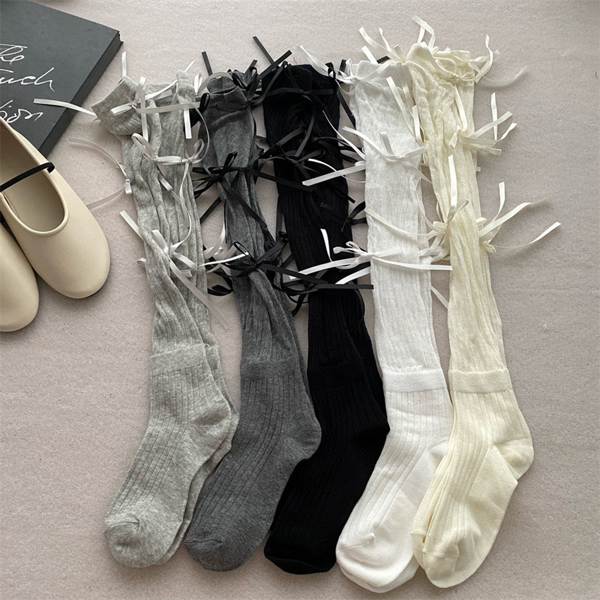 韩版中高筒薄半透长筒袜多蝴蝶结拼接袜大腿袜时尚网红堆堆潮袜女
