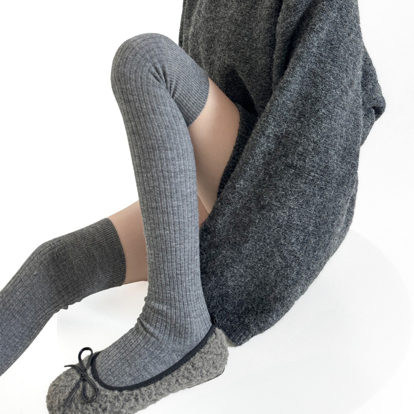 秋冬羊绒竖纹加绒保暖护膝百搭显瘦高筒袜羊毛过膝袜日系甜美袜子