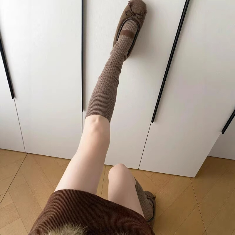 咖色美拉德竖坑条显瘦小腿袜女秋冬新款百搭羊绒堆堆袜护腿长筒袜
