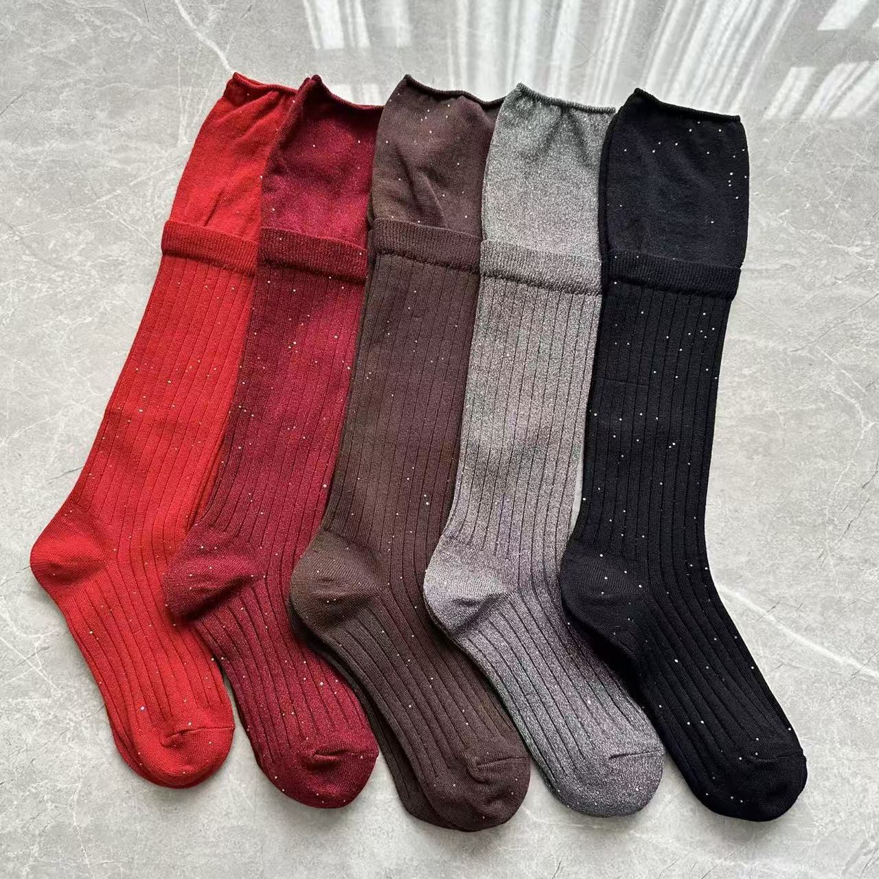 秋冬新款小亮片拼接大腿袜中高筒长袜半腿堆堆小腿潮袜直播批发女