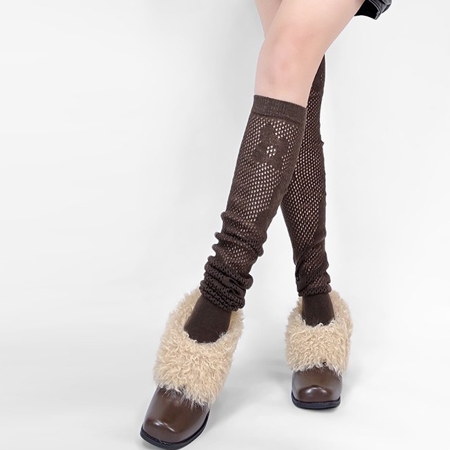 灰色过膝袜配靴子长筒羊毛女袜秋冬款小腿袜高筒网眼堆堆袜复古袜