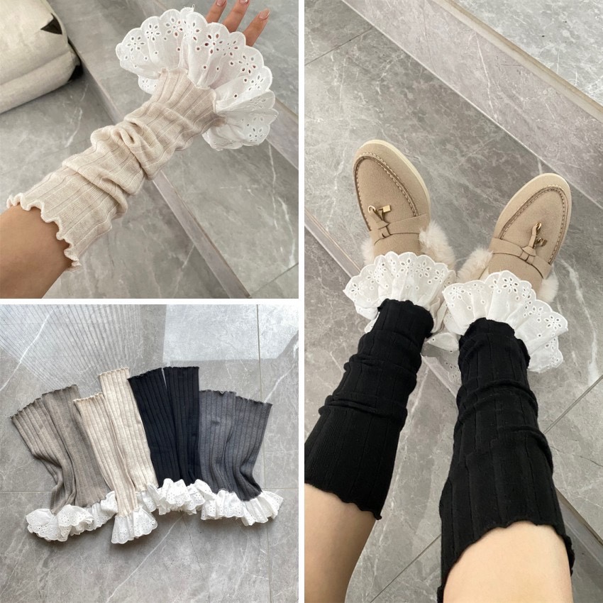 带花边宽条羊绒袜套韩系风格中筒袜堆堆袖套护臂套秋冬季小腿袜女