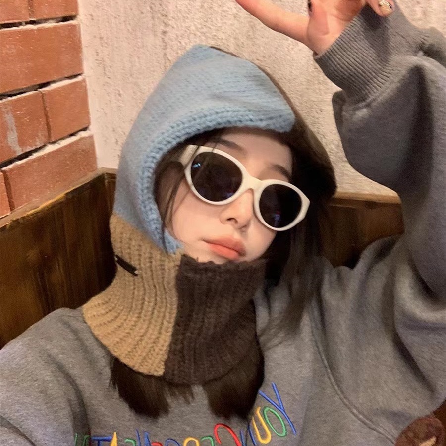 韩国拼色巴拉克拉法帽女冬季针织套头保暖护耳帽子围巾一体毛线帽