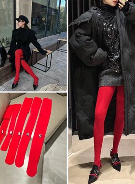新年红色喜庆袜加绒打底长袜丝袜秋冬厚款打底裤袜本命年过年袜子