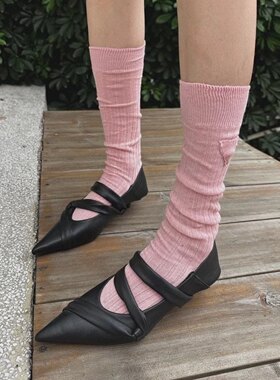 2023新款薄款针织中筒袜三角布拼接小腿袜百搭袜子女纯色长筒袜潮