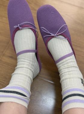 小众百搭刺绣金丝袜子中筒紫色条纹撞色百搭堆堆袜小腿休闲袜潮流