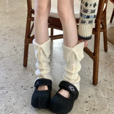 一排纽扣袜套女秋冬羊毛加厚保暖开叉阔腿显腿细翻边腿套堆堆袜女