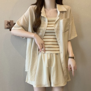 大码女装小个子时尚休闲穿搭一整套夏装胖mm防晒衬衫短裤三件套装