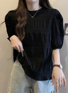 漂亮大尺码法式泡泡袖黑色雪纺短袖衬衫女夏季胖mm遮肚短款0502d