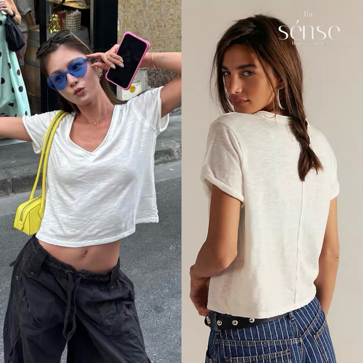 正品现货 Free People 慵懒风白色做旧基础款百搭正肩V领短袖T恤