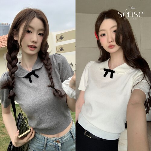 娃娃领修身蝴蝶结短袖针织衫