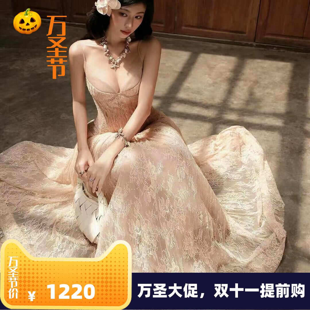 轻奢温柔风蕾丝网纱拼接连衣裙