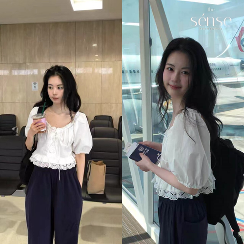 蕾丝边系带短袖泡泡袖上衣