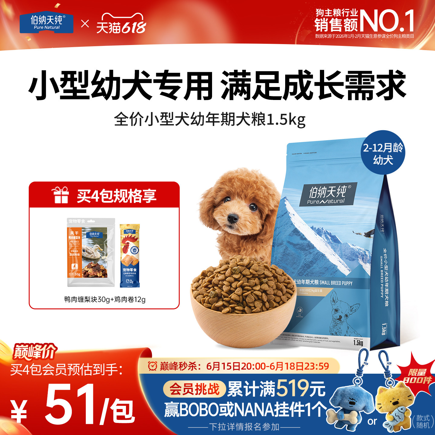 伯纳天纯经典狗粮幼犬专用粮比熊柯基法斗泰迪小型犬天然粮1.5KG