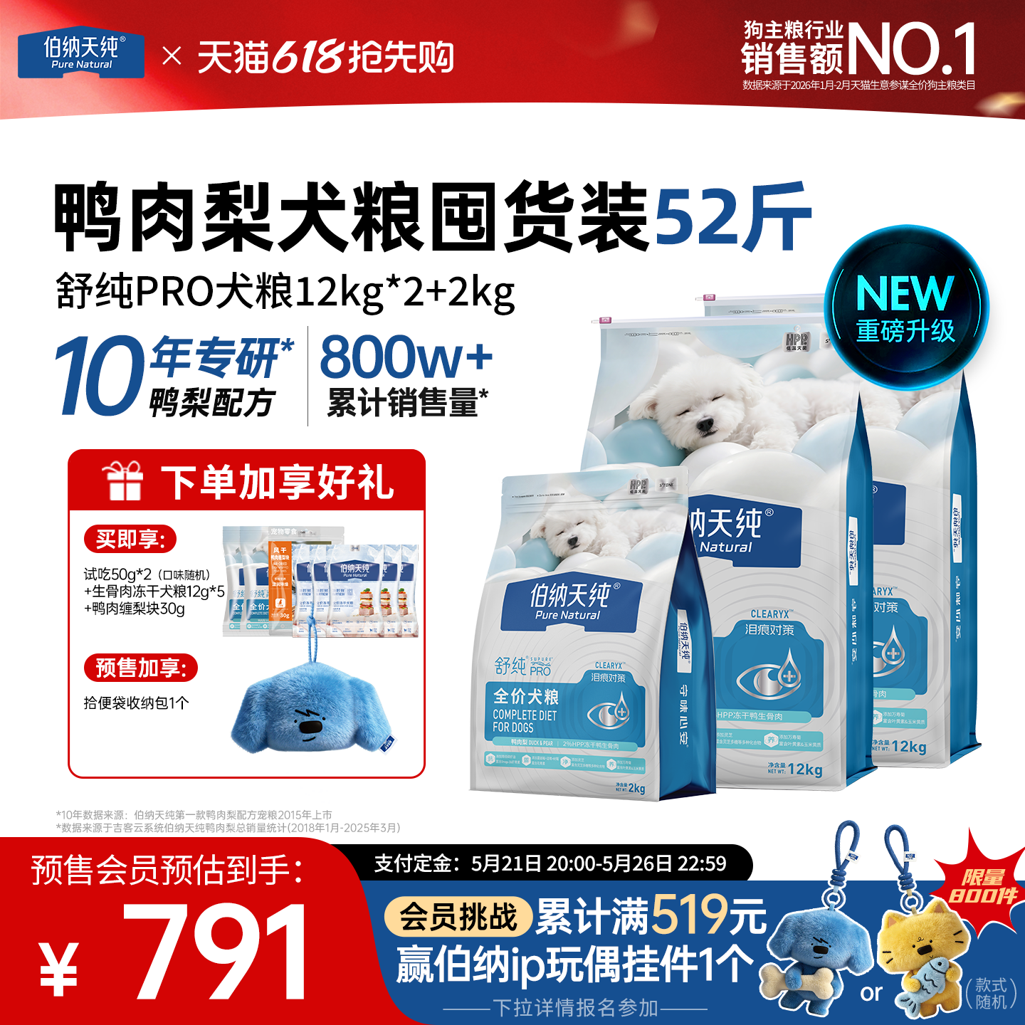 【舒纯2.0升级款】伯纳天纯生骨肉冻干狗粮成犬幼犬鸭肉梨26kg