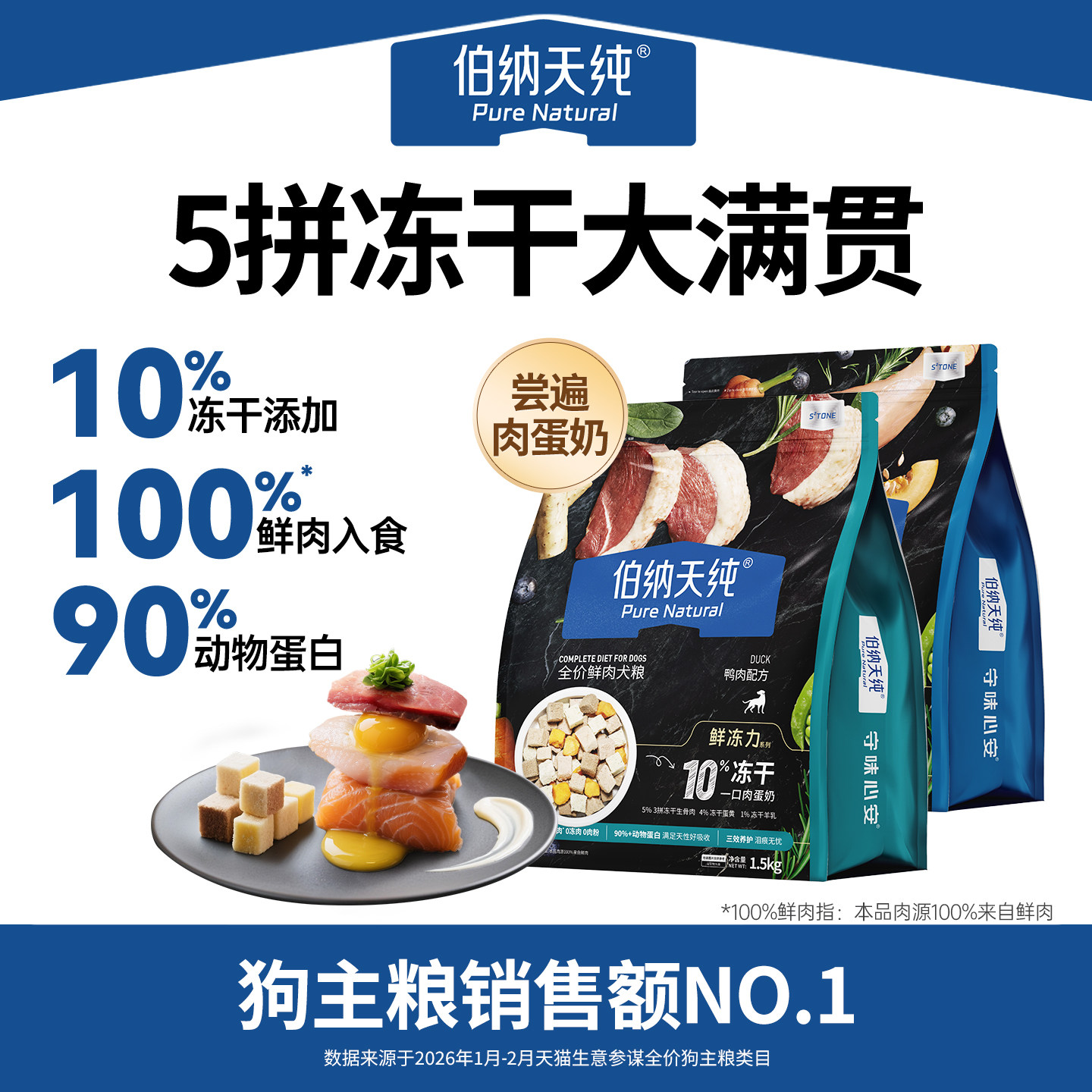 伯纳天纯鲜冻力系列全价冻干犬粮鸡肉鸭肉配方大中小型犬通用