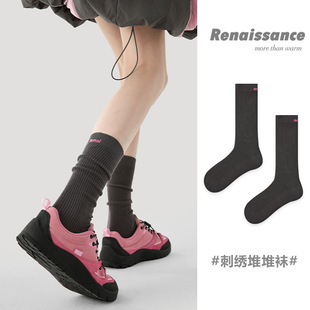 Renaissance秋冬新款 中筒袜双针字母堆堆袜刺绣学院风ins潮袜子女