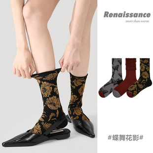 Renaissance袜子女蝴蝶小众设计感金黄花卉中筒袜秋季新中式女袜