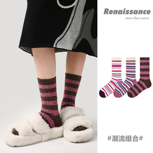Renaissance原创女袜撞色斑马纹加厚中筒袜秋冬新款 保暖棉袜子女