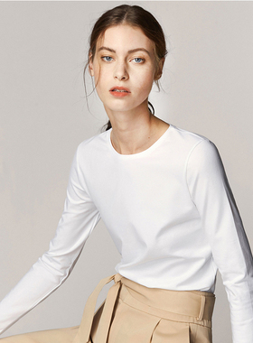 高端白色长袖t恤女2025新款修身圆领内搭显瘦遮肉纯棉上衣打底衫