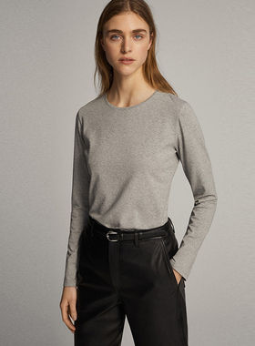 西班牙高端基础灰色T恤女长袖修身圆领内搭显瘦高级感纯棉打底衫