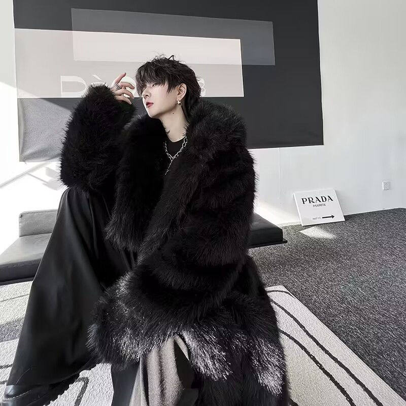 모조 여우 모피 내한성 긴 후드 두꺼운 따뜻한 패션 모피 코트 2023 새로운 남성 코트 트렌드