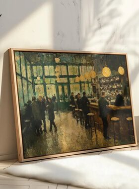 法式复古巴黎酒馆油画装饰画中古风酒吧复古街景人物横版挂画